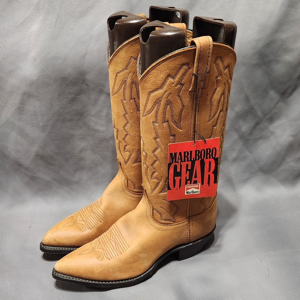 Vintage Dan Post Marlboro Gear Tan Leather Western Cowboy Boots P2552 8M NEW